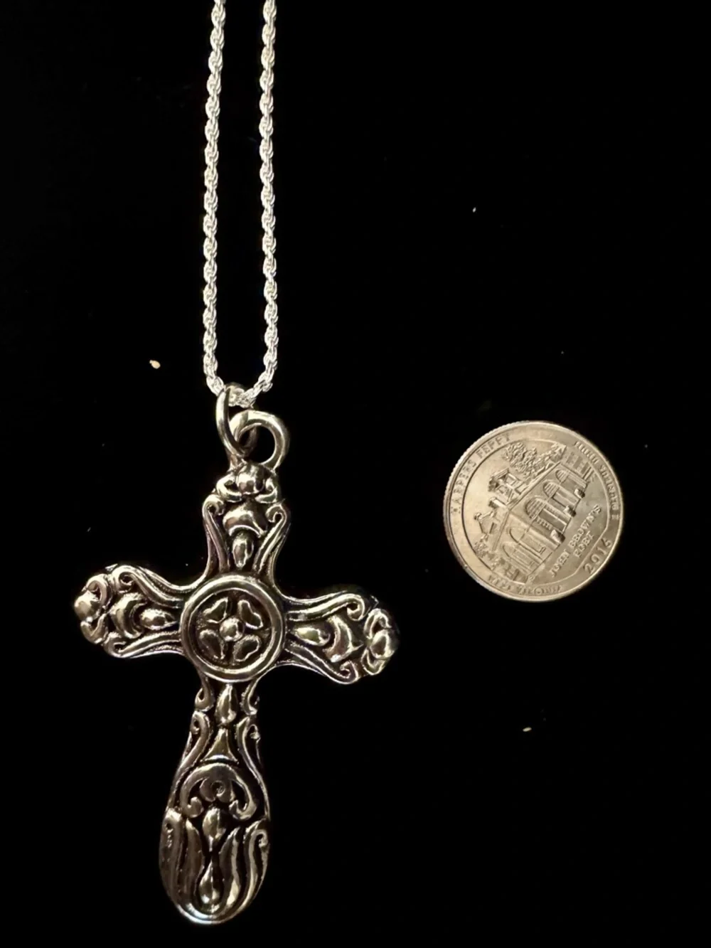 Ornate sterling Silver Cross Pendant with sterling‎ rope chain - Women Jewelry